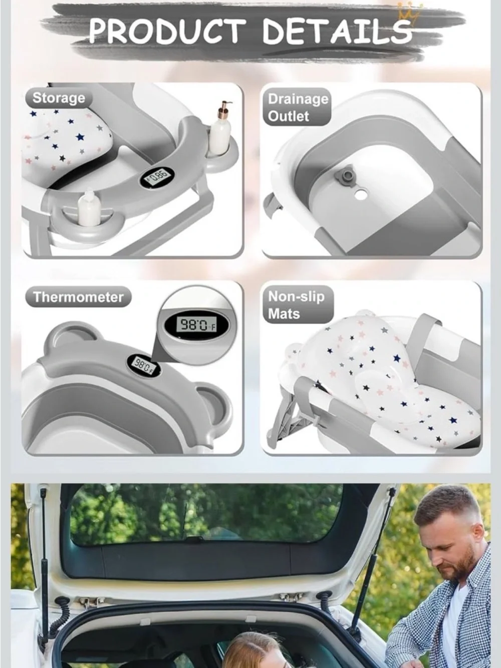 Grey Foldable Baby Bath Tub with Cushioned Support and Thermometer